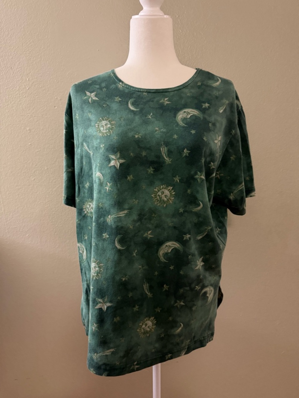 Vintage Sarah Barnes Weekend 90s Celestial Sun Moon Star Green Tie Dye Tee